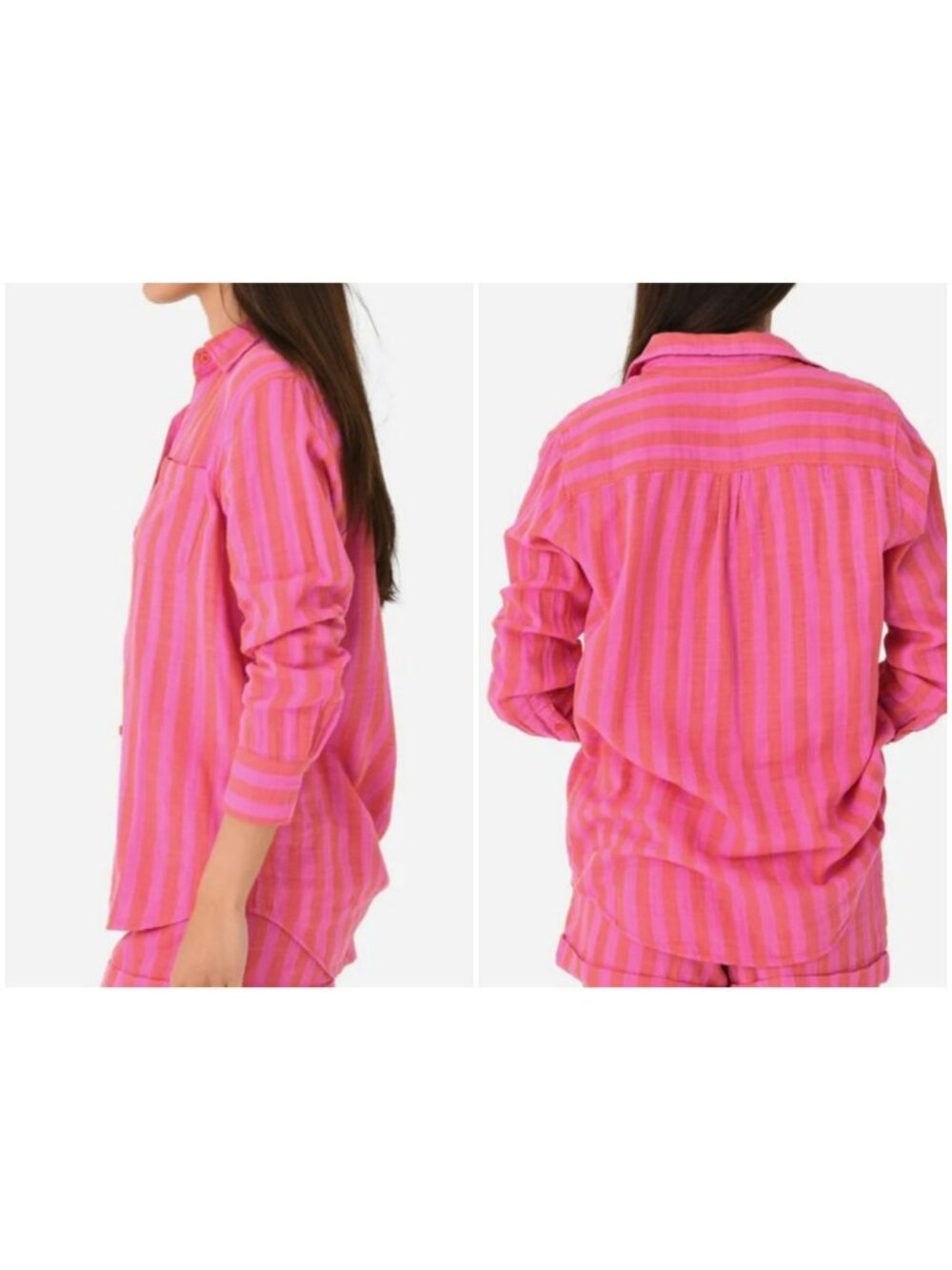 Z Supply Pink & Red Striped Button-Up Shirt XS Cotton Double Gauze Long Sleeves